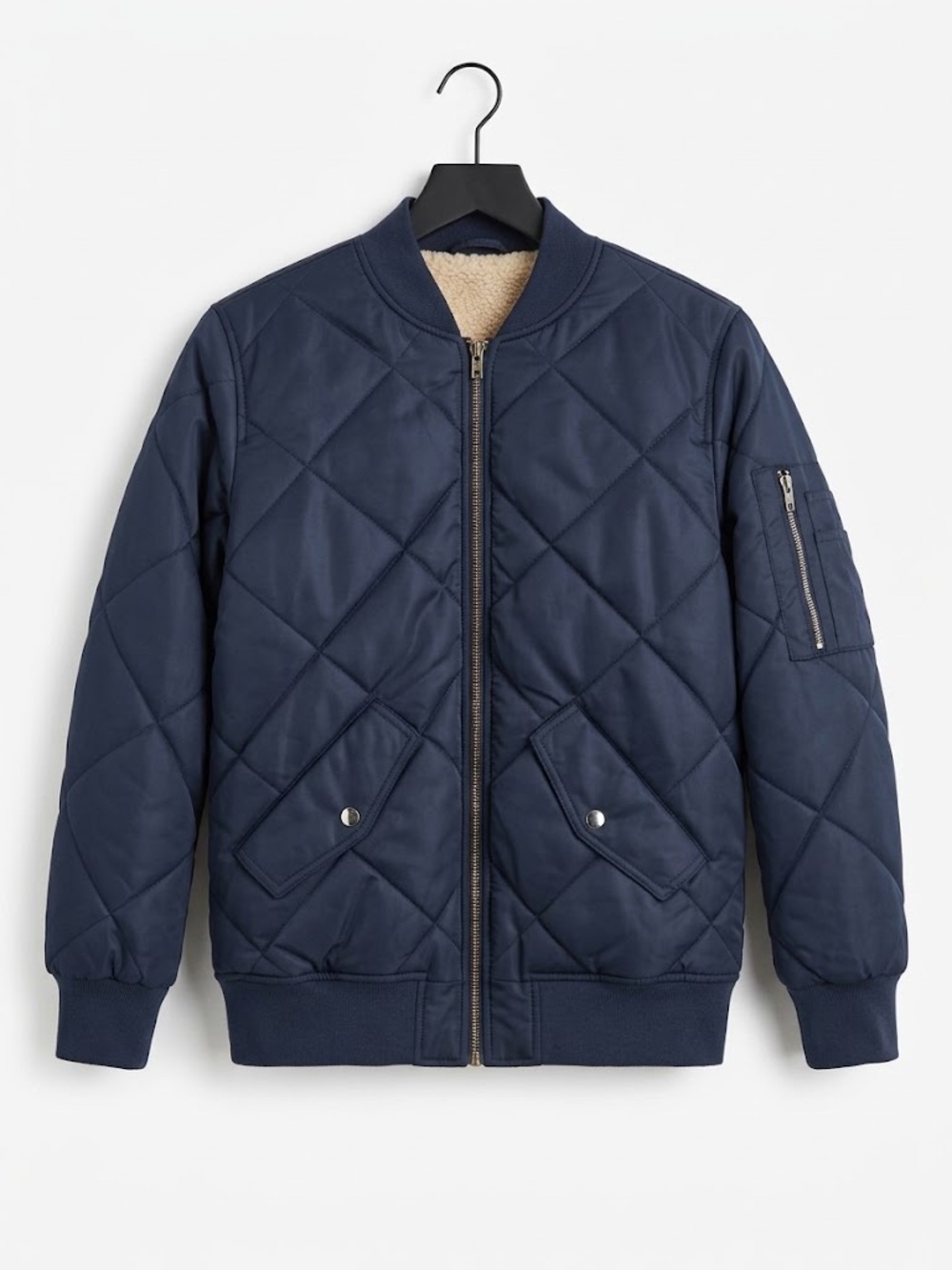 Buffalo Navy Quilted Bomber Jacket Nylon Outer Sherpa Lined new with tags Small